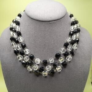 Art Deco Black Clear Crystal Necklace 53in Flapper Glass Beads 1930s